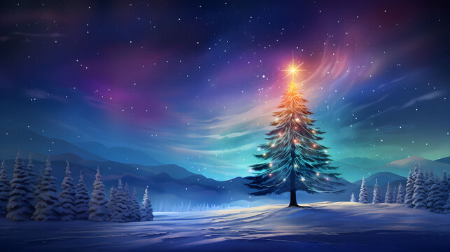 Christmas background with christmas tree, snow and stars. Beautiful christmas night.