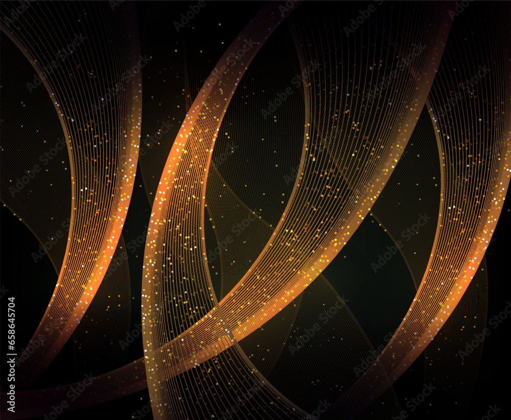 Wall mural golden wavy background with sparkles and tinsel on a black background