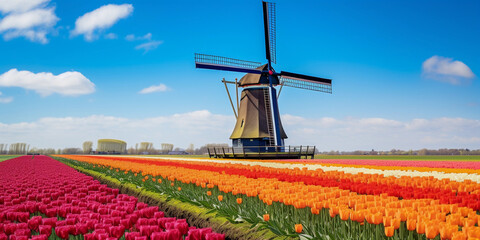 Dutch windmill, countryside of the Netherlands, late afternoon, fields of tulips in various colors