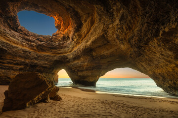 Wonderful view of Benagil Cave in Carvoeiro Algarve Portugal - travel and holiday concept. 