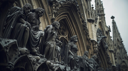 Gothic cathedral, Paris, close - up of intricate gargoyles and sculptures, overcast day, textured details, dark mood