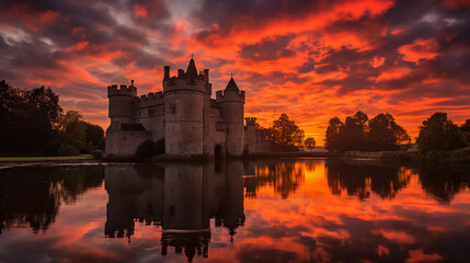 Medieval stone castle, dusk setting, silhouetted against a fiery sunset, moat reflecting the sky,...