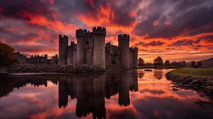Cercles muraux Tower Bridge Medieval stone castle, dusk setting, silhouetted against a fiery sunset, moat reflecting the sky, dramatic cloud formations
