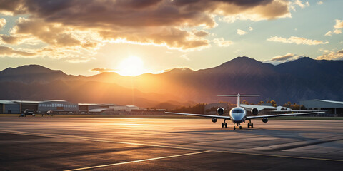 Sweeping landscape shot of a regional airport surrounded by mountains, small planes on the tarmac, afternoon light, dramatic clouds - obrazy, fototapety, plakaty