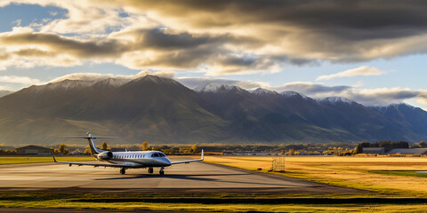 Sweeping landscape shot of a regional airport surrounded by mountains, small planes on the tarmac, afternoon light, dramatic clouds - obrazy, fototapety, plakaty