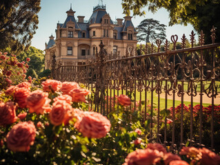 Victorian mansion, pristine condition, surrounded by an iron - wrought fence, lush garden with blooming roses, warm afternoon sunlight, architectural details accentuated - Powered by Adobe