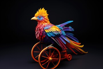 Milticolored bird in wheelchair
