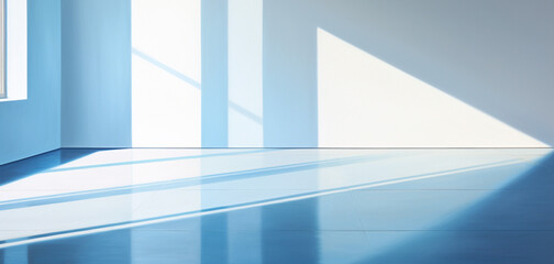 Empty blue and white room with beautiful light and shadow, AI generated