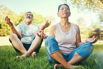 Couple, yoga and lotus meditation on grass in nature at park for mindfulness, peace or calm. Mature man, woman and yogi meditate in holistic exercise, wellness or zen to relax for body health outdoor