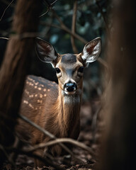 Fototapeta premium Forest Serenity: A Doe's Gaze in the Wilderness,deer in the forest,deer in the woods,deer in the wild