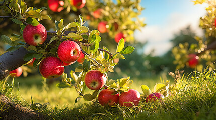 apples growing on the tree in orchard under the sun - obrazy, fototapety, plakaty