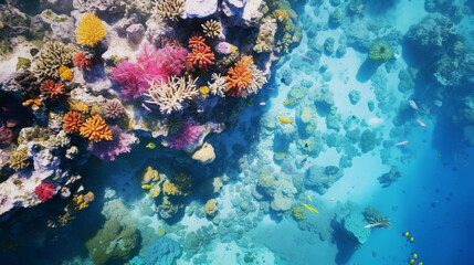 Fototapeta na wymiar Coral reef top - down view: A bird's eye perspective, featuring a rich tapestry of corals and marine life