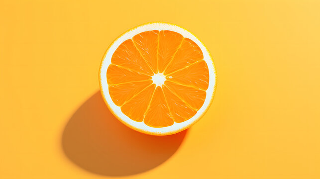 Slice of Orange fruit minimalist on a yellow background. Half cut Orange bright light isolated on yellow vibrant background