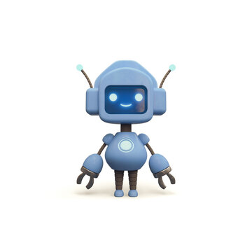Little friendly positive cartoon blue robot with smiling face. Lovely Robotic Toy with antennas. Concept art of personal assistant robot. Customer support service. 3d render isolated on white backdrop