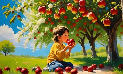 Celebrating Eat a Red Apple Day. A child bites into a juicy red apple in a vibrant orchard. Generative AI