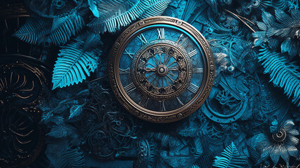 vintage background, peony, flover, products, enginer, generative, ai, steampunk, background, clockwork, brooch, blue, goold, coconut