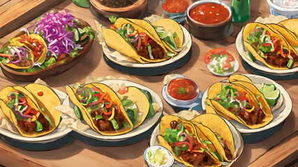 Fototapeta na wymiar Crispy Tacos with Ground Beef, Lettuce, Tomato, and Cheese with anime 2d cartoon style illustration 
