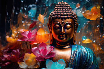 Buddha golden statue decorated with blossoms