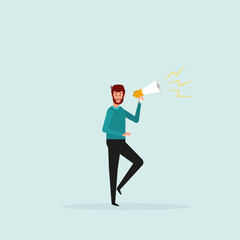 A businessman shouts, speaks out loud to communicate with a colleague or to attract attention. Promotion concept, confident businessman using megaphone to be heard.
