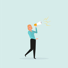 Businesswoman shouts, speaks out loud to communicate with a colleague or to attract attention. Promotion concept, confident businesswoman using megaphone to be heard.
