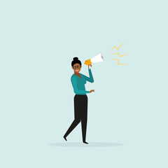 Fototapeta premium Businesswoman shouts, speaks out loud to communicate with a colleague or to attract attention. Promotion concept, confident businesswoman using megaphone to be heard. 
