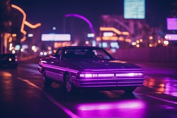 Driving in the night futuristic synth-wave car in purple neon colours