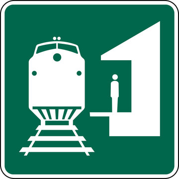 Transparent PNG of a Vector graphic of a green USA Train Station mutcd highway sign. It consists of a silhouette of a main line train and a person waiting on a platform contained in a green square