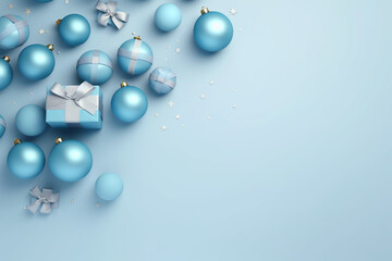 Blue charismas gift boxes with ribbons and balls on blue background 3D rendering