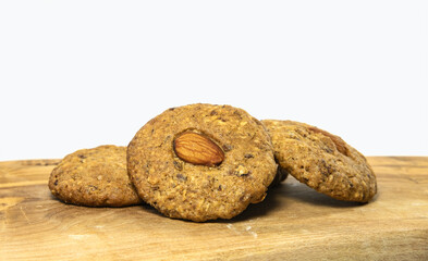 Home made chocolate chip cookies on white background