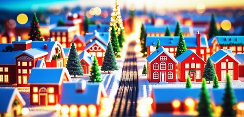 Wintry christmas miniature city. Vibrant colors. Tilt shift effect.
