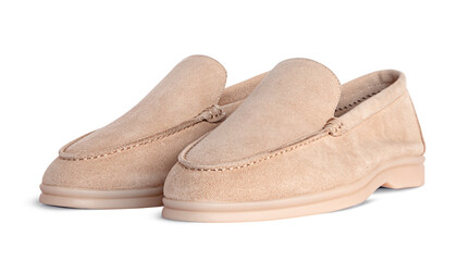 Beige suede loafers isolated on white background