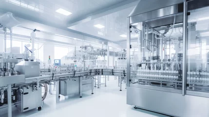 Foto op Plexiglas pharmaceutical industry. Production line machine conveyor with glass bottles ampoules at factory © zayatssv
