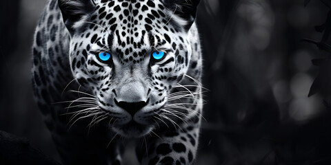  High-quality photo of a black and white jaguar with blue eyes generative AI
