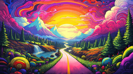 Psychedelic road trip through a 90s landscape, infused with comic elements and vibrant, abstract designs AI generative