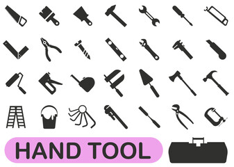 Hand tool. Set of hand tools or tools icons. Dark tool icons.
