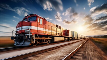 Modern Logistic Train in Motion Highlighting Seamless Transportation and Distribution Network Set Against a Damatic Sunset, Symbolizing Transport and Industry