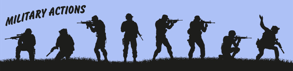 Fototapeta na wymiar Silhouette of soldiers ready for battle. Black silhouettes on a blue background. Vector graphics.
