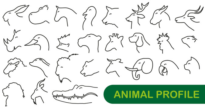 A set of profiles of various animals and birds. Animals in profile. Black icons on a white background.