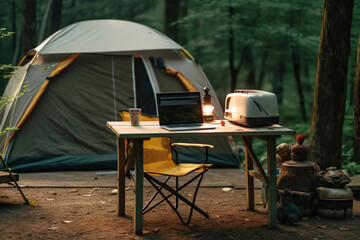 Serene Wilderness Office: A Camper's Workstation,camping in the woods