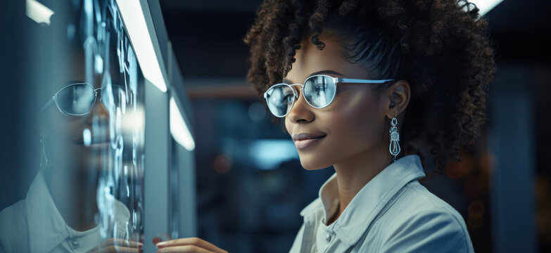 An African American female designer wearing glasses smiling in a modern office, Generative AI - Powered by Adobe
