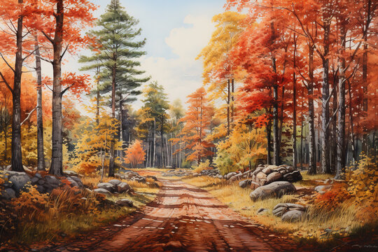 Watercolor Autumn Forest road