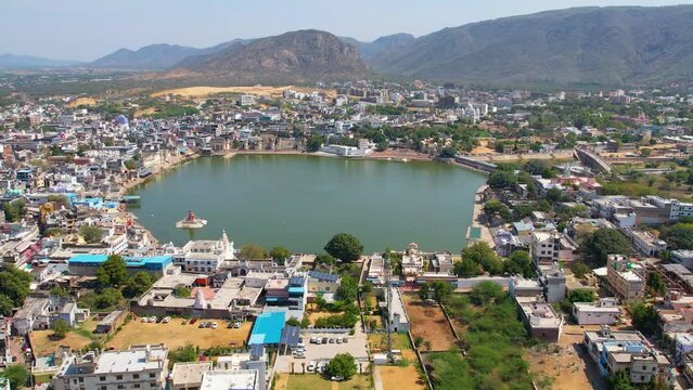 Pushkar, India City View of the Lake and Temples Drone 4K