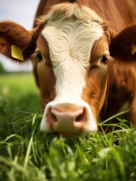 A brown cow grazes on a meadow and eats a young spring grass closeup.