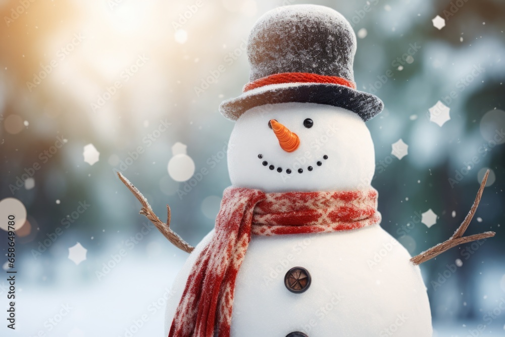 Poster a close-up view of a snowman wearing a hat and scarf. this picture can be used to add a festive touc