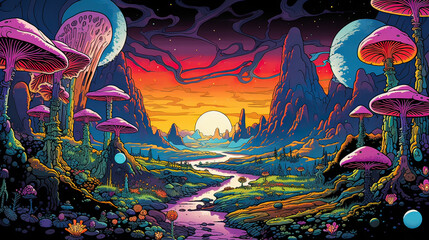 Psychedelic road trip through a 90s landscape, infused with comic elements and vibrant, abstract designs AI generative