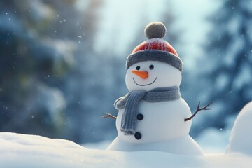 A snowman wearing a hat and scarf in a snowy landscape. Perfect for winter-themed designs and holiday greetings.