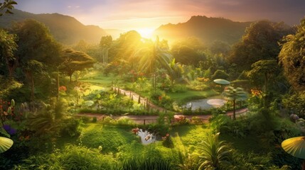 Garden of Eden overlooking a gorgeous sunset from atop a mountain - obrazy, fototapety, plakaty