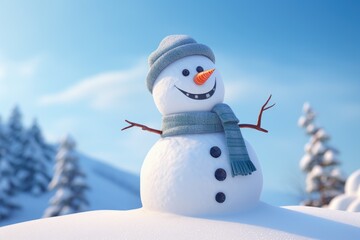 Obraz premium A snowman wearing a hat and scarf stands proudly on top of a snow covered hill. This picture can be used to depict winter scenes, holiday decorations, or the joy of playing in the snow.