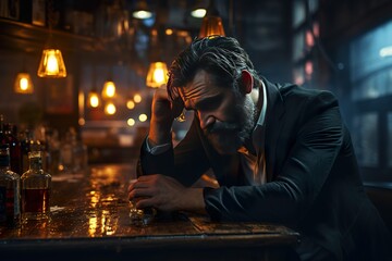 Obraz premium Bussinessman drinking in bar so sad from work.