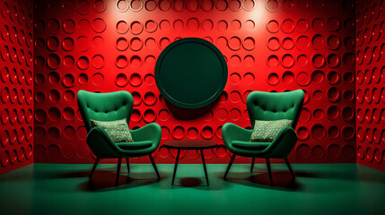  Green Wall with Circular Patterns, Red Chairs, and Wooden Floors Interior Design, generative Ai
